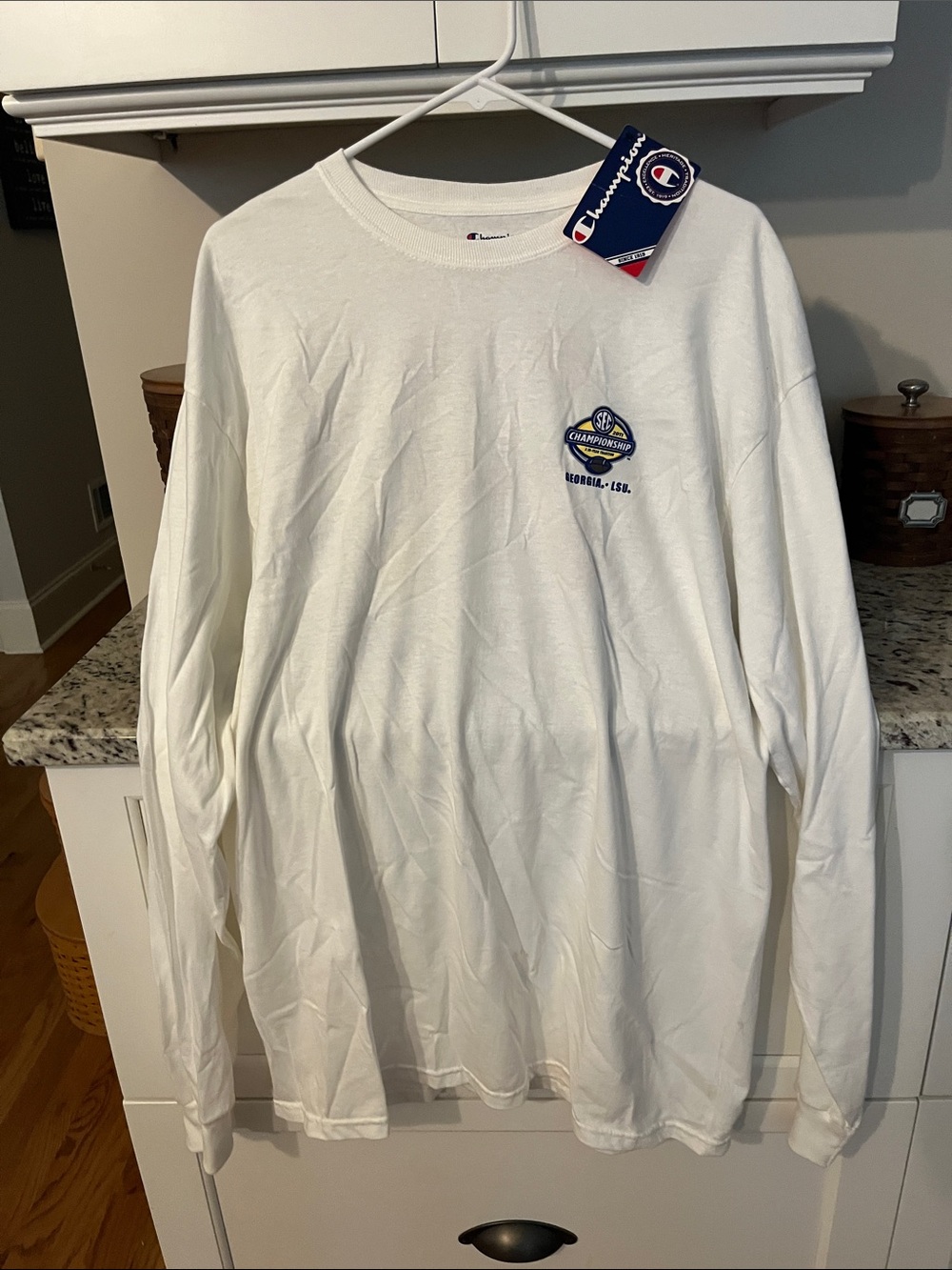 Champion White Long-Sleeve Crewneck Tee with Embroidered Crest